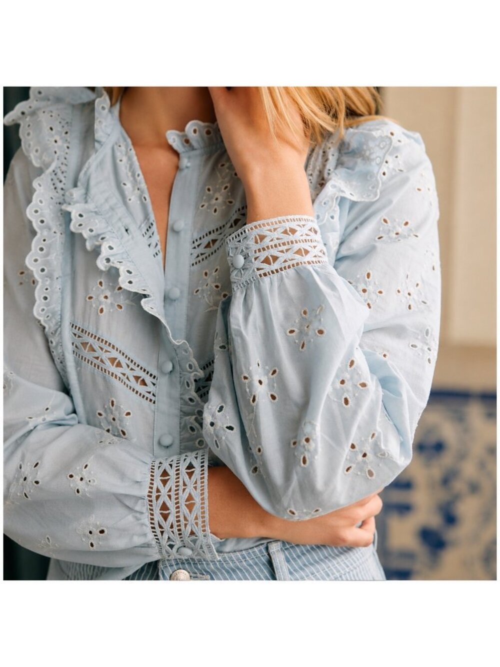 Sézane Irma Shirt Light Blue Ecru Embroidered Ruffle Blouse Size FR 46/ US 14 - Picture 3 of 16